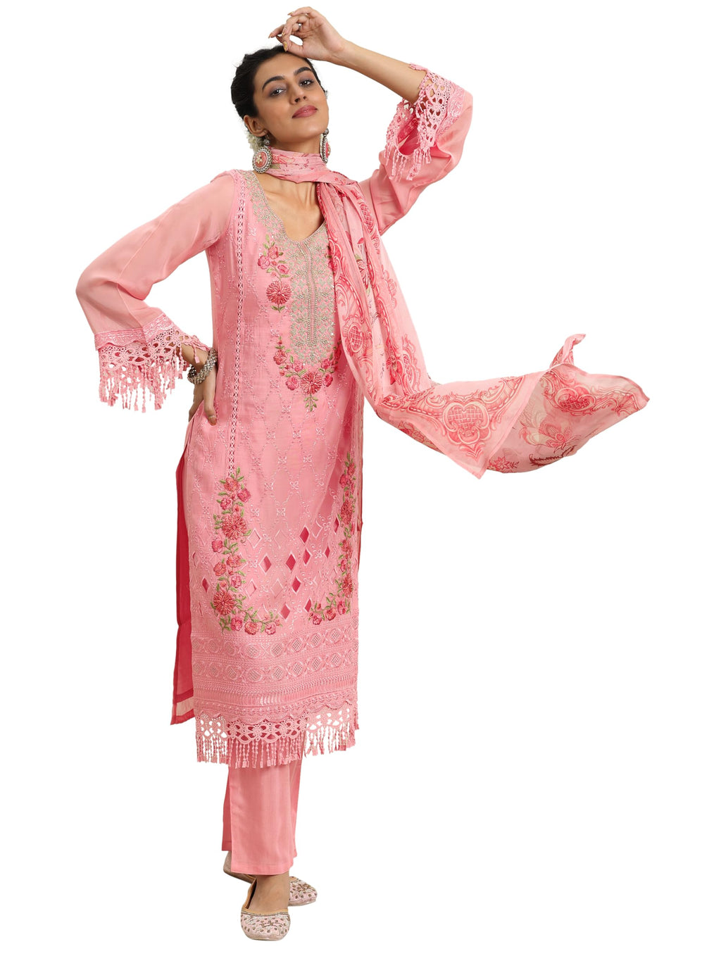 Libas Womens Embroidered Organza Straight Kurta With Trousers And Dupatta