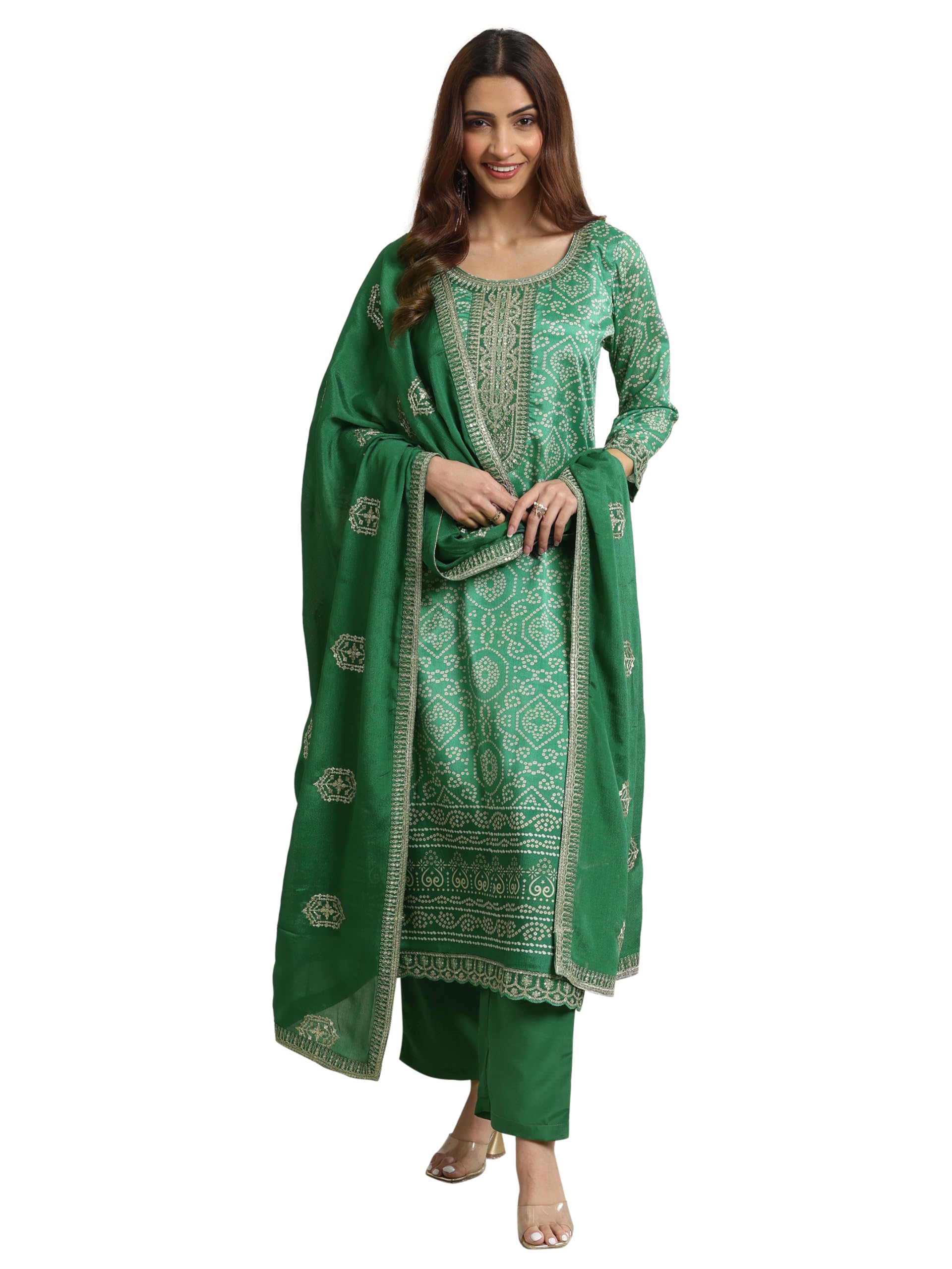 Libas Green Bandhani Printed With Yoke Embroidered Straight Kurta & Solid Trouser With Embroidered Dupatta