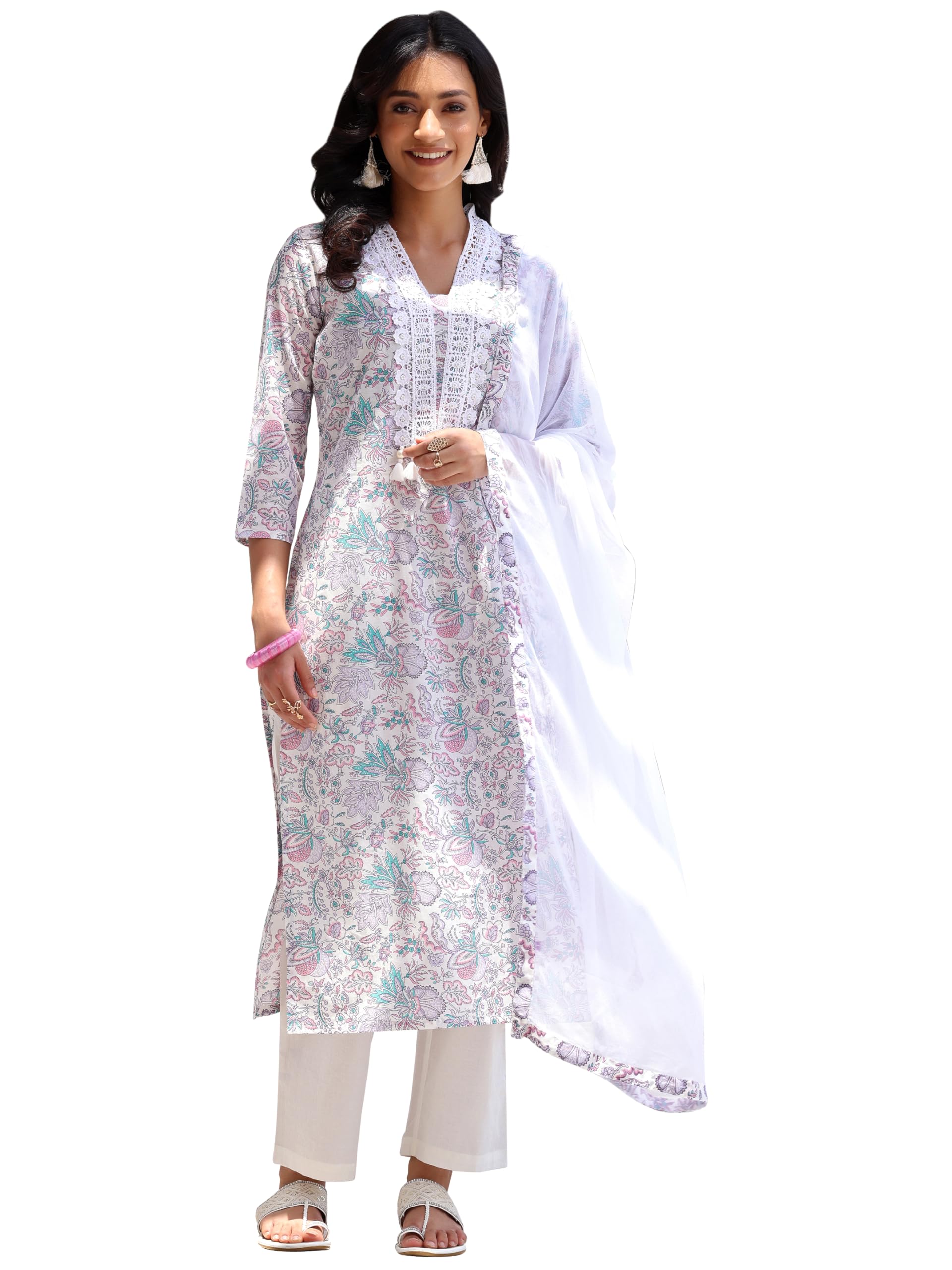 Libas Off White Printed Cotton Straight Kurta With Trousers & Dupatta