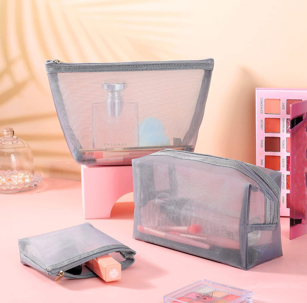 Boao 3 Pieces Mesh Cosmetic Bag Mesh Makeup Bags Mesh Zipper Pouch for Offices Travel Accessories, 3 Sizes (Grey)