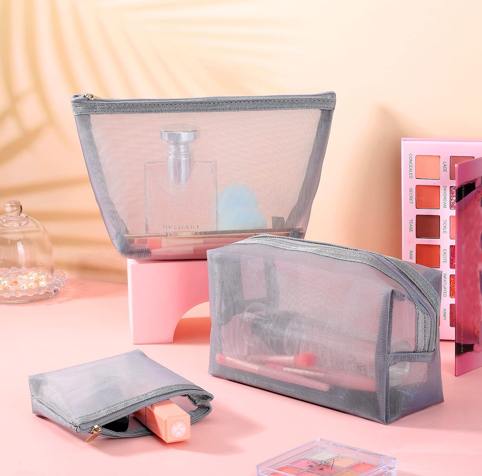 Boao 3 Pieces Mesh Cosmetic Bag Mesh Makeup Bags Mesh Zipper Pouch for Offices Travel Accessories, 3 Sizes (Grey)