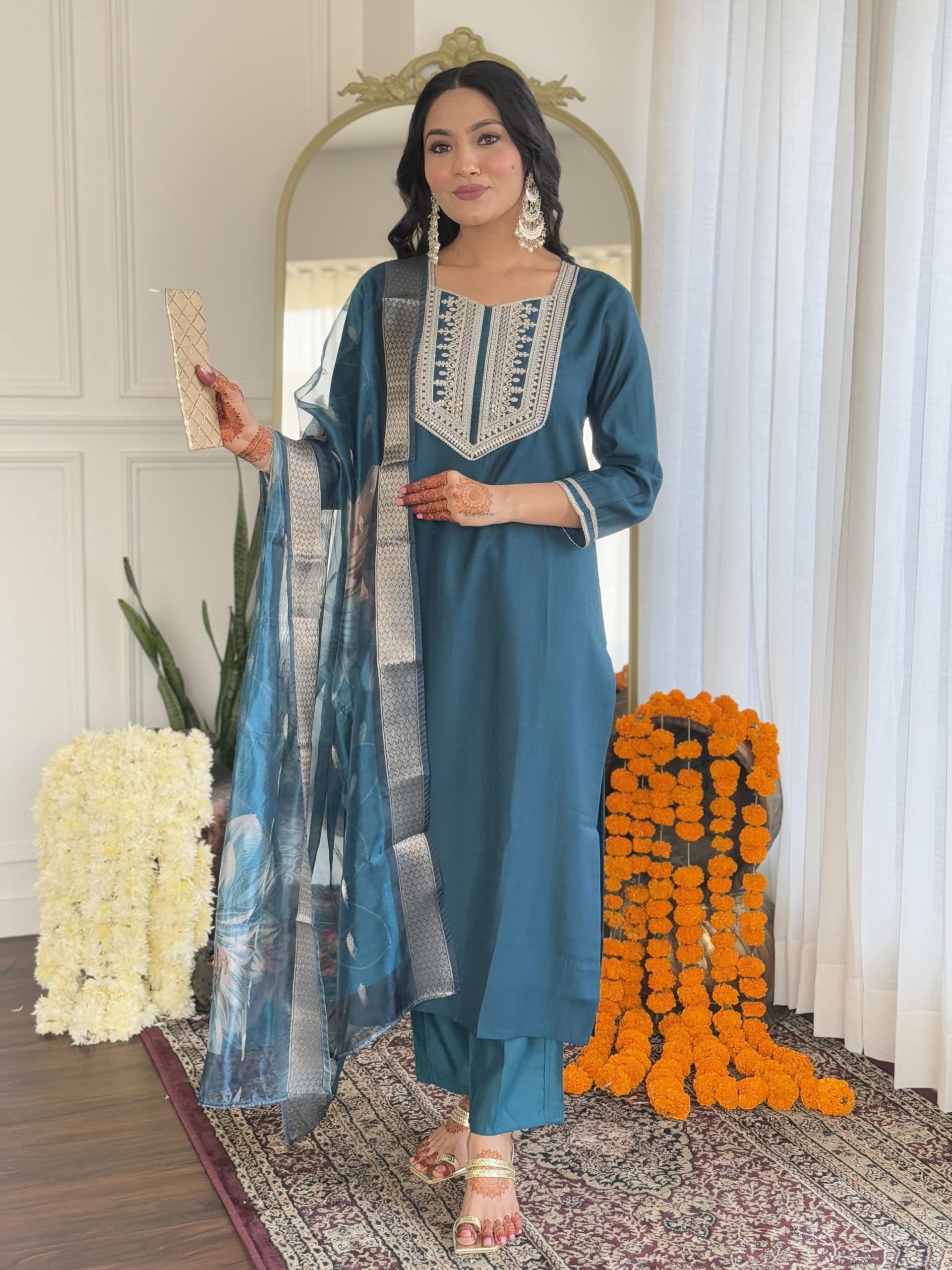 Naixa WomenS Petrol Bsy Viscose Embroidered Straight Kurta With Bsy Viscose Pant And Organza Jacquard Dupatta Sets (Nx-632-Petr