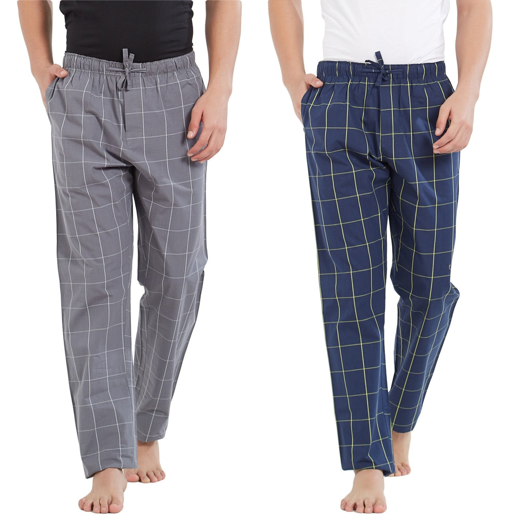 XYXX Mens Super Combed Cotton Checkered Checkmate Pyjamas [Pack of 2] Elasticated Waist, Drawstring | Loungewear for Men in Lim