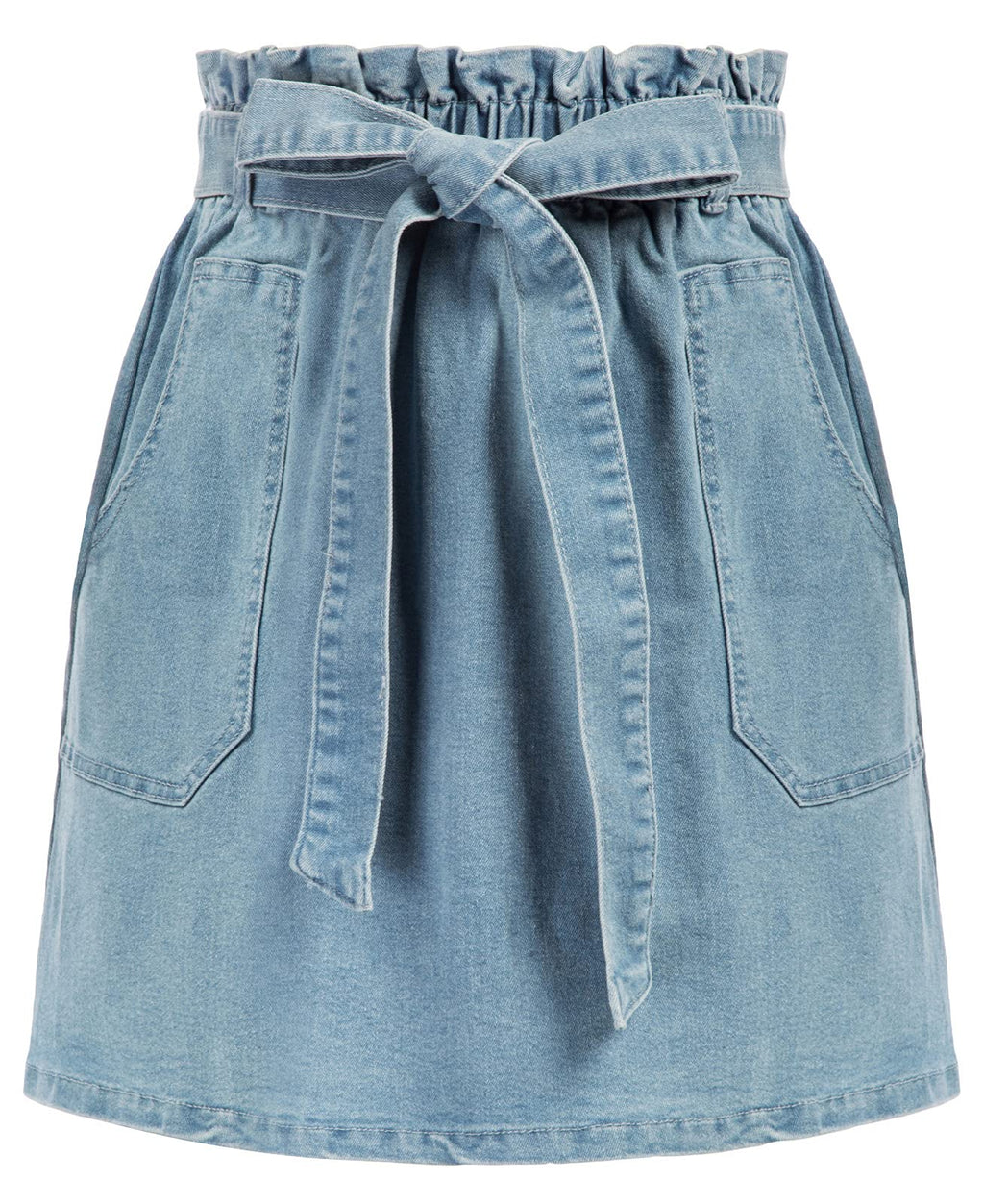 KANCY KOLE Women Mini Denim Skirt Cute Pleated Jean Skirts Juniors Short Ruffle Paper Bag Skirt Light Blue L