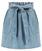 KANCY KOLE Women Mini Denim Skirt Cute Pleated Jean Skirts Juniors Short Ruffle Paper Bag Skirt Light Blue L