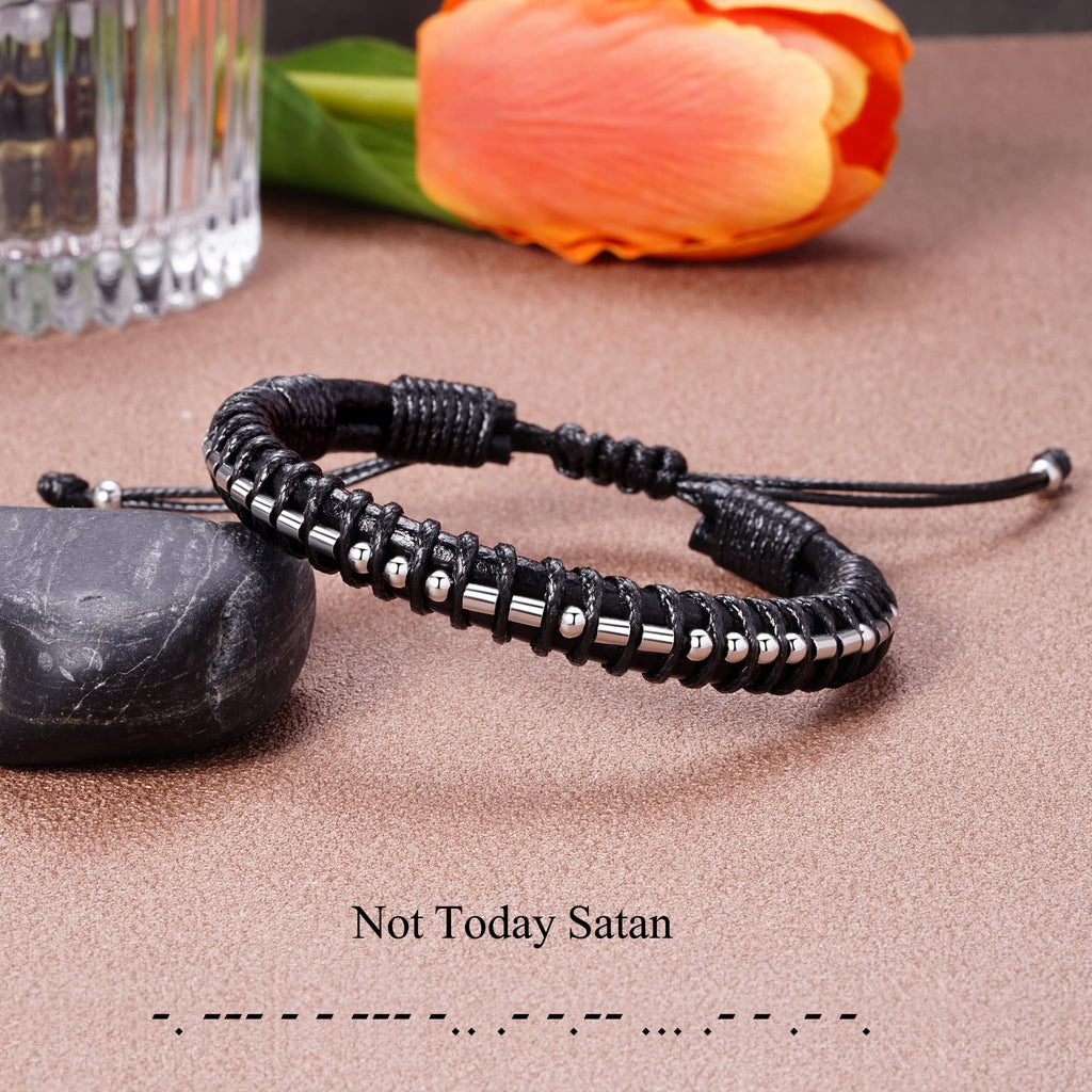 Christian Gifts for Men Morse Code Bracelets Religious Bible Verse Black Braided Leather Bracelets for Men Dad Father Boyfriend
