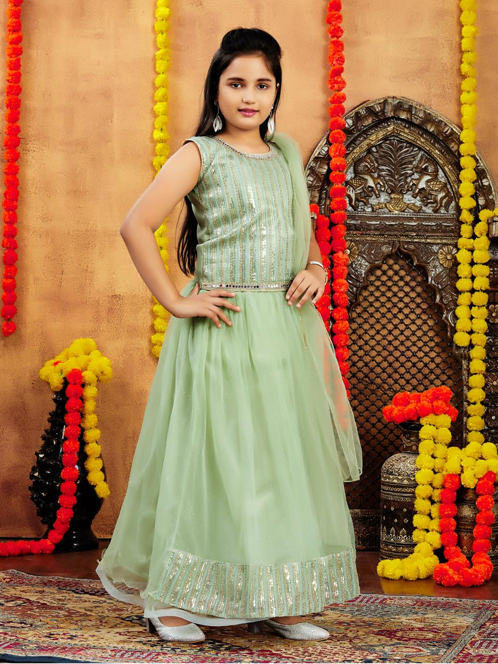 Aarika Girls Ethnic Wear Green Colour Sequin Embroidery Net Lehenga Choli Set (4-10 Years)