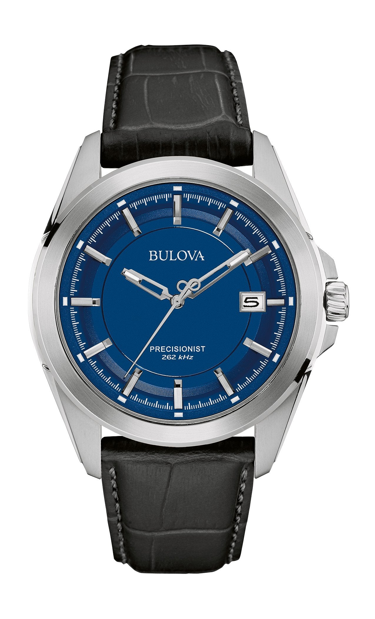 Bulova Men's Precisionist 3-Hand Calendar Stainless Steel with Black Leather Strap and Blue Dial Style: 96B257