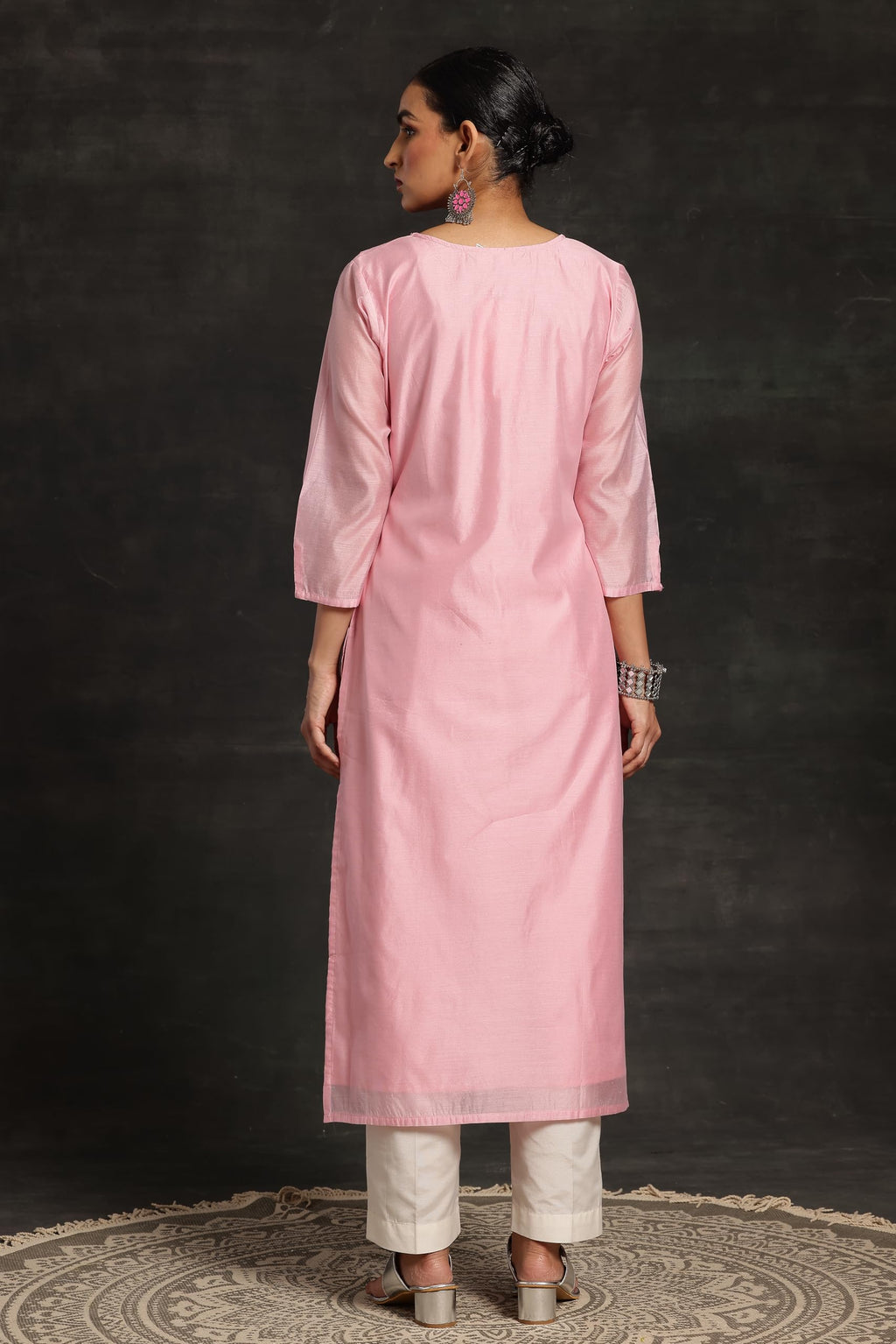 Libas Pink Printed Silk Straight Kurta