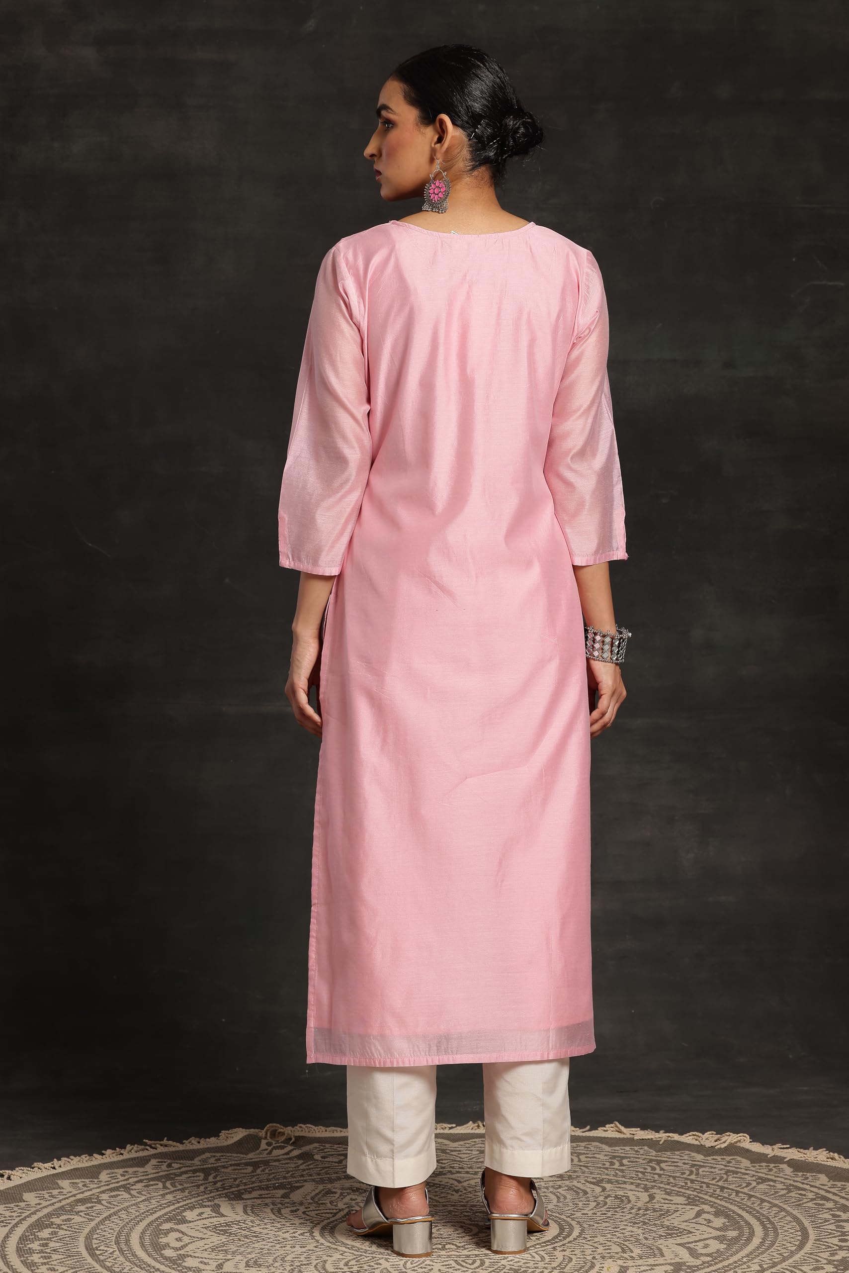Libas Pink Printed Silk Straight Kurta