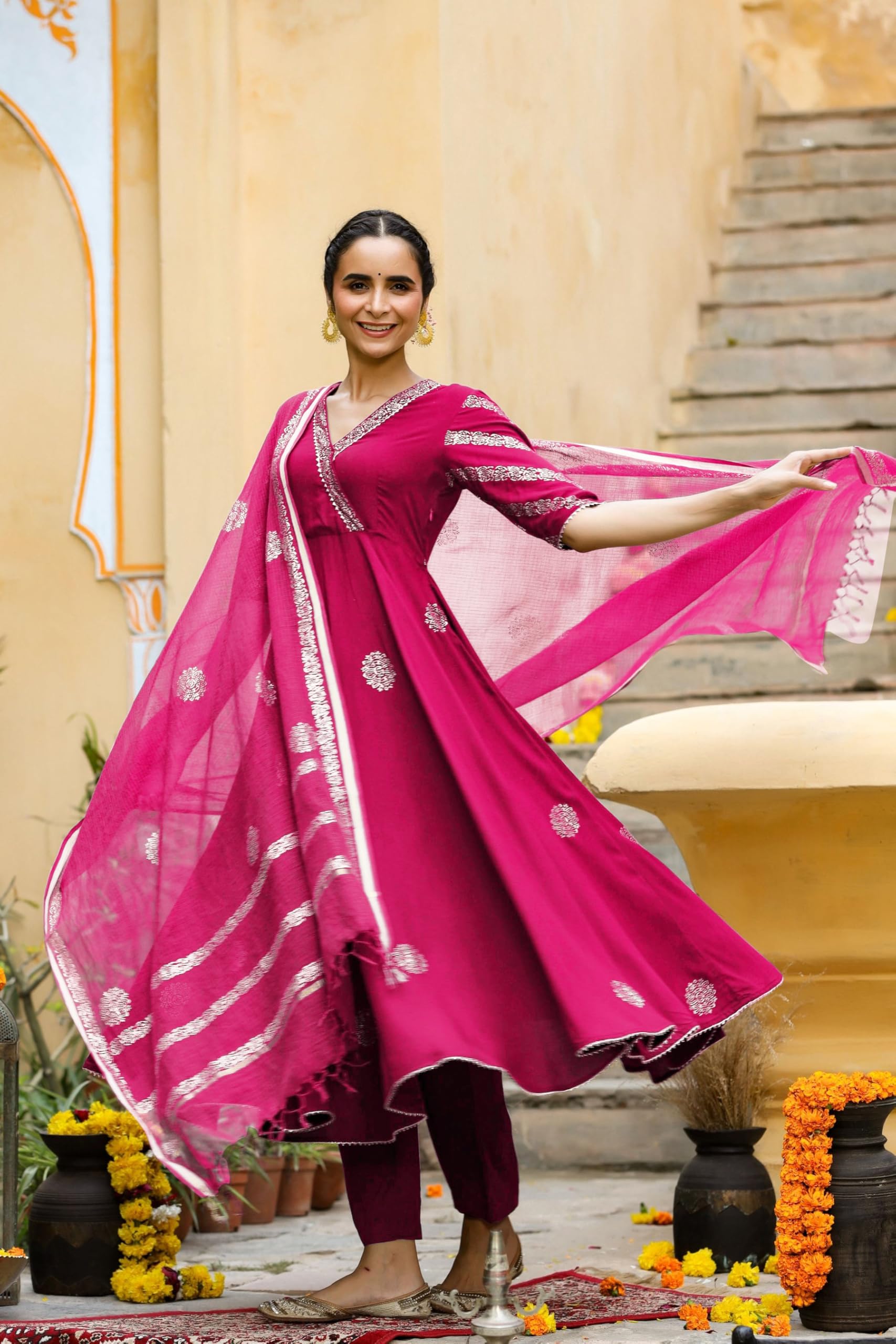 ANNI DESIGNER Anarkali Women s Rayon Blend Kurta with Trousers and Dupatta, Pink, XL