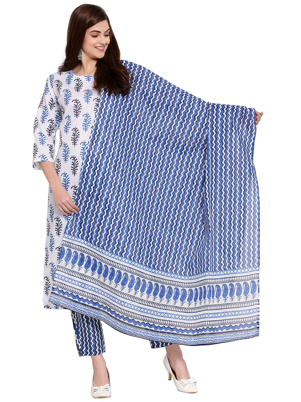 ANNI DESIGNER Ladies Cotton Blend Kurta with Trousers and Dupatta, White, S