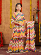 Aarika Girls Ethnic Wear Yellow Colour Bandhani Print With Lace Work Silk Kurti Sharara Set (6-13 Years)