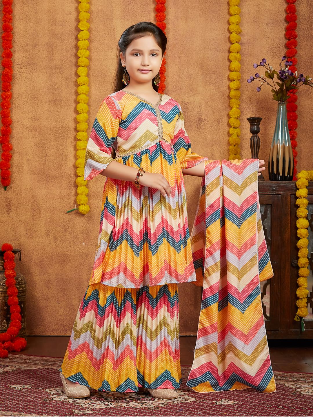 Aarika Girls Ethnic Wear Yellow Colour Bandhani Print With Lace Work Silk Kurti Sharara Set (6-13 Years)