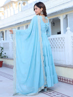 Fashion Basket WomenS Georgette Solid Anarkali Dress Sky Blue