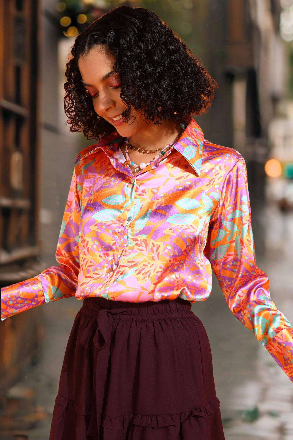 POPWINGS Printed Full-Sleeves Regular-Fit Satin Printed Shirt for Women Stylish Western Casual Wear Multicolour