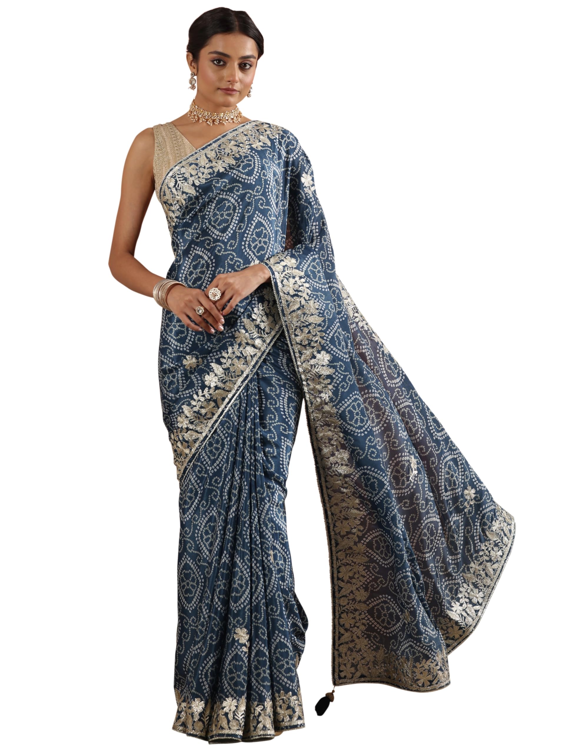 Libas Printed Chinon Saree With Unstitched Blouse Piece