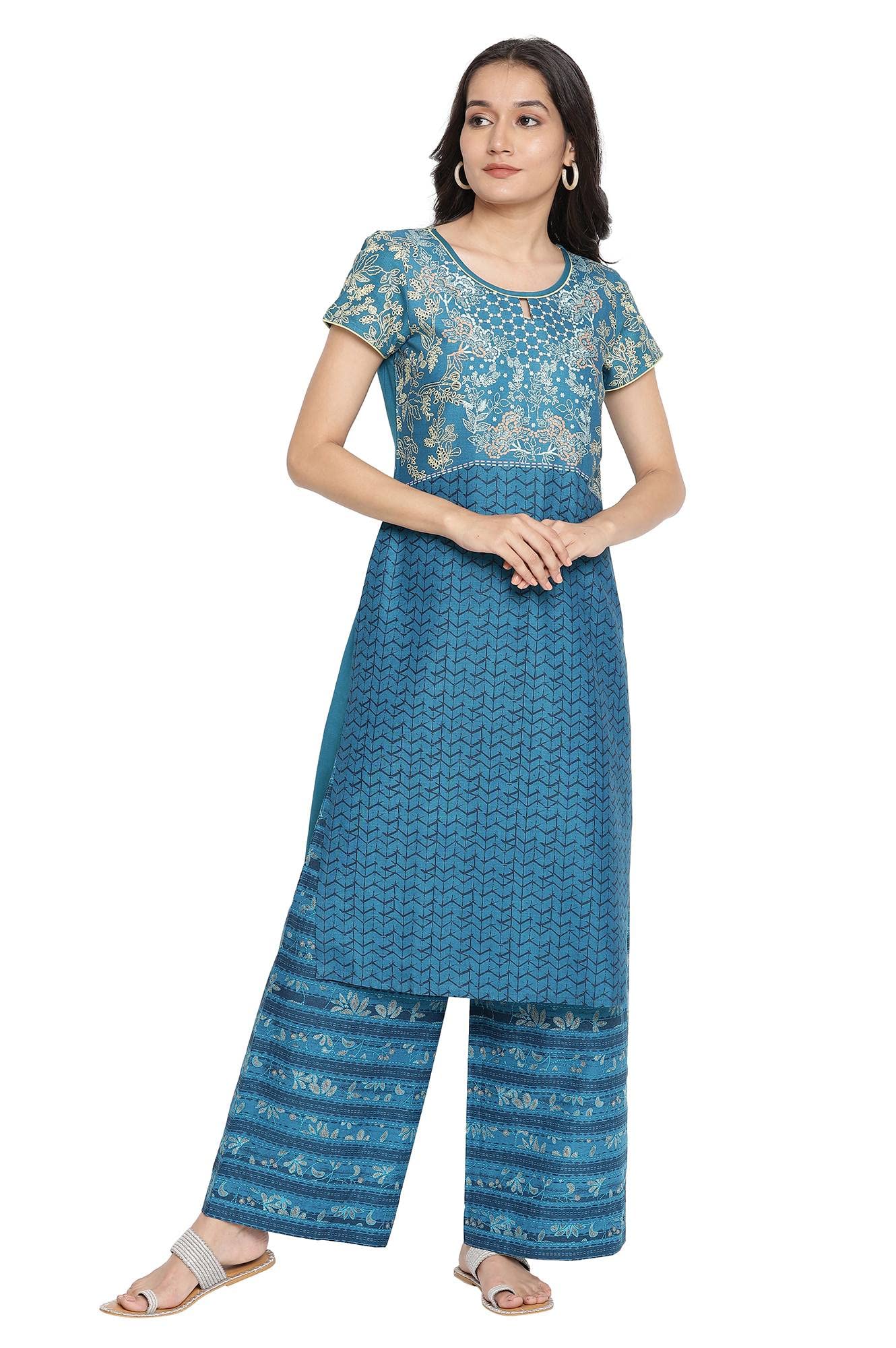 Aurelia Blue Floral Printed Printed Cotton Regular Kurta For Women