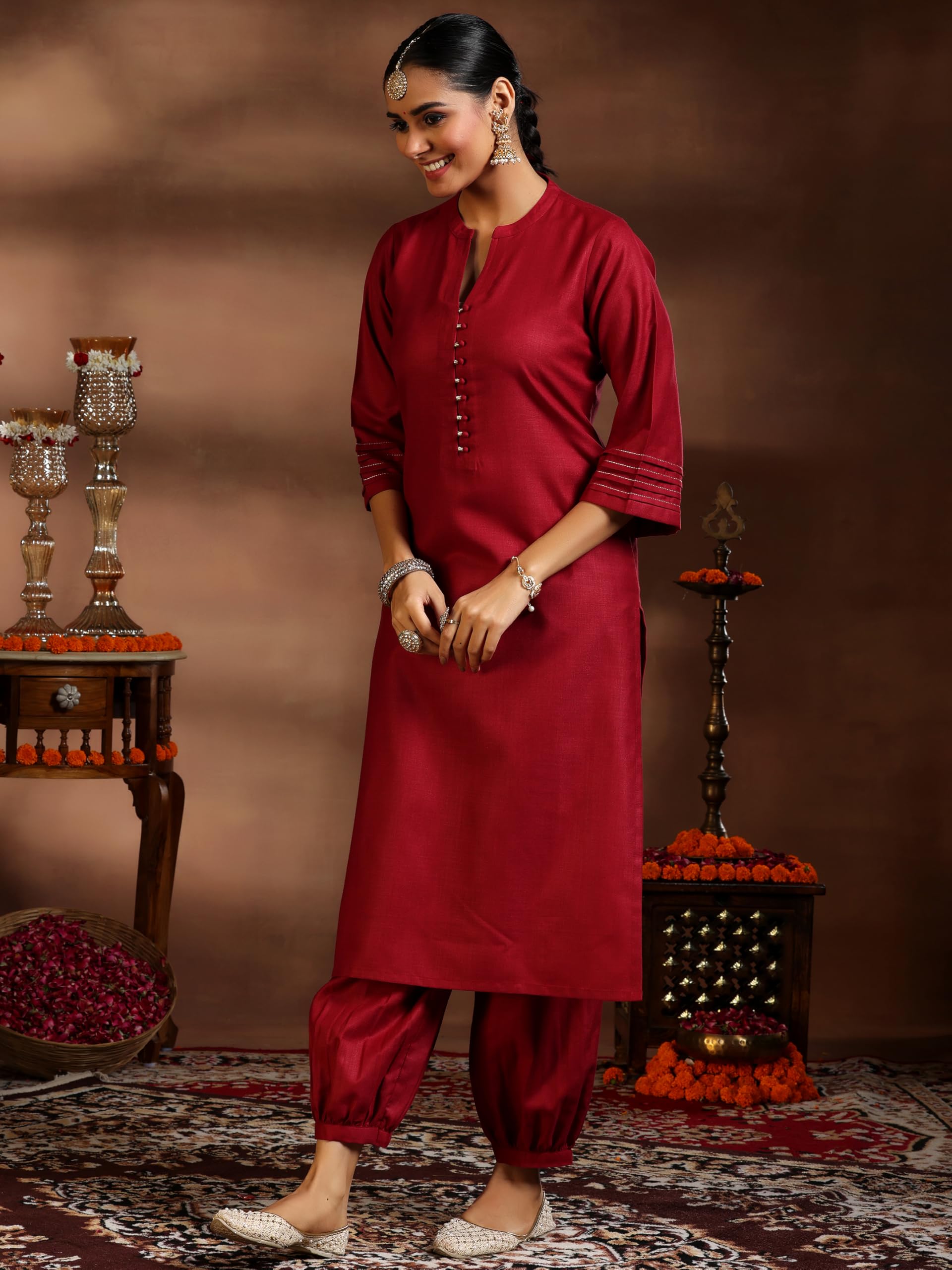 Libas WomenS Silk Blend Kurta Set (39046_Maroon