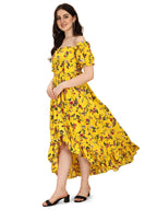 Oomph! Flared Dress For Women Stylish | Long One Piece For Women | Off Shoulder Puff Sleeve Long Dress | Floral Print Maxi One P