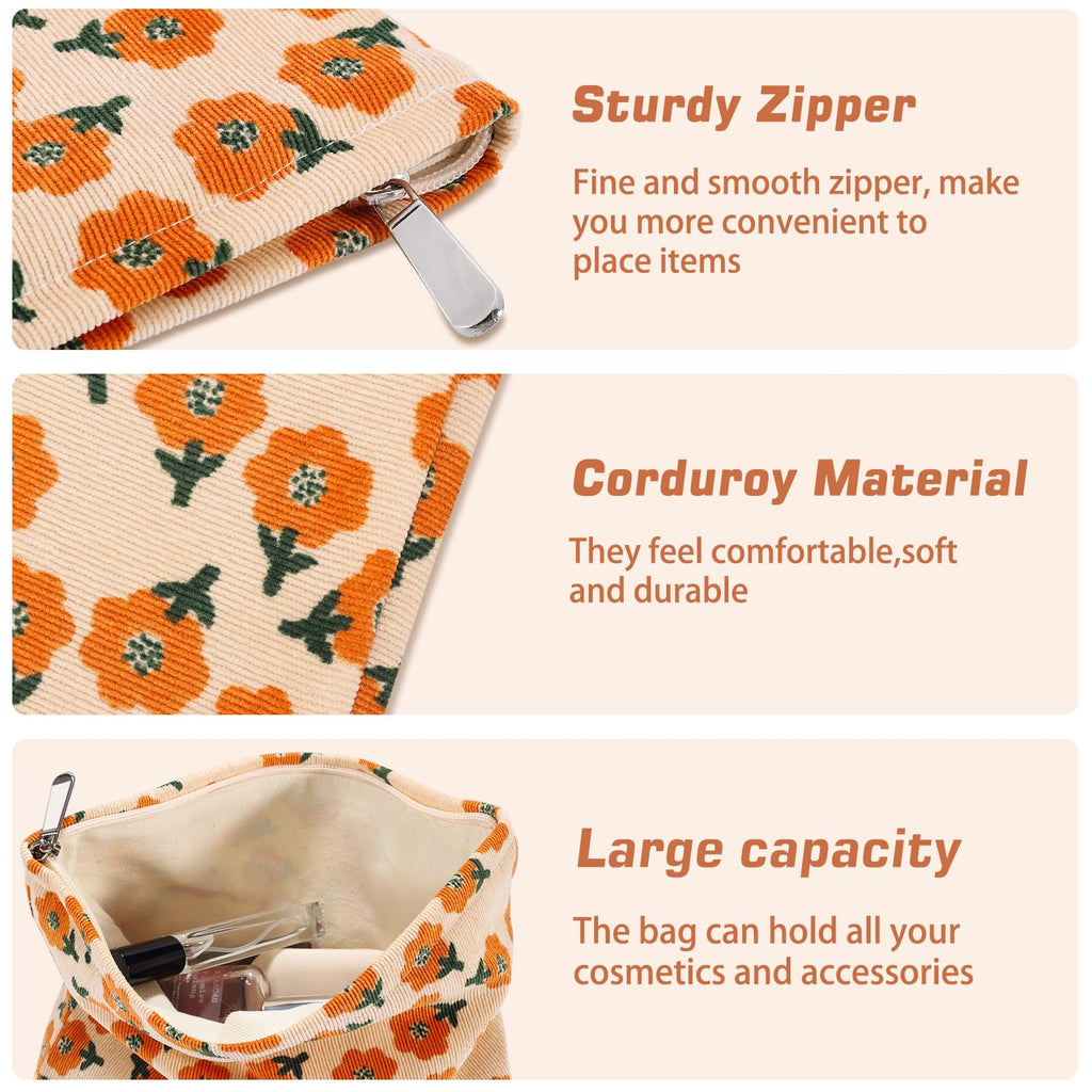 ZLFSRQ 2Pcs Daisy Flower Makeup Bag Travel Cute Cosmetic Bags for Women Large Floral Makeup Pouch Zipper Cosmetic Pouch Set for