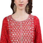 Ishin Women'S Pure Cotton Embroidered Zari Red Bandhani Print A-Line Kurta Suit Set With Dupatta & Sharara