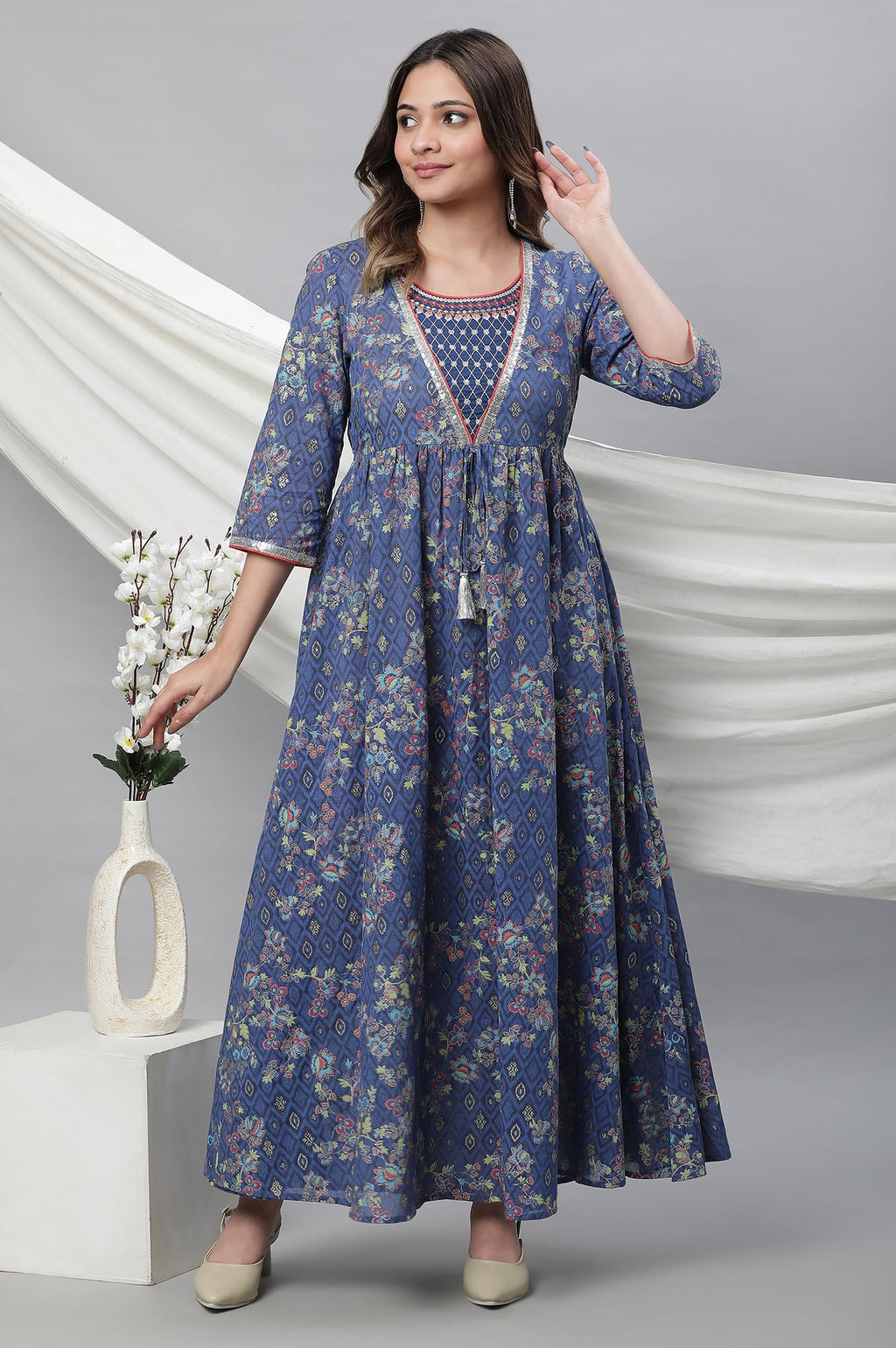 Aurelia Blue Floral Printed Printed Cotton Embroidered Regular Kurta