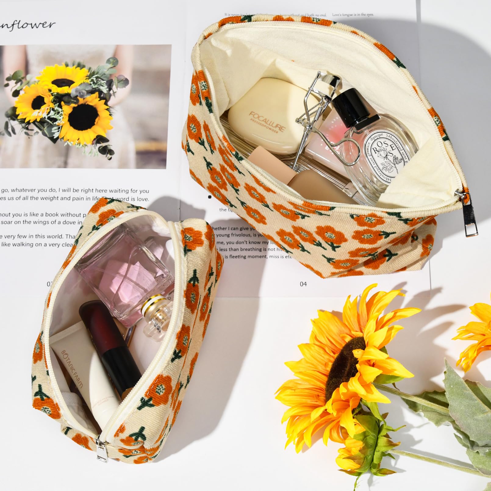 SOIDRAM 2 Pieces Flower Makeup Bag Large Corduroy Cosmetic Bag Capacity Canvas Mix Travel Toiletry Bag Organizer Cute Makeup Bru