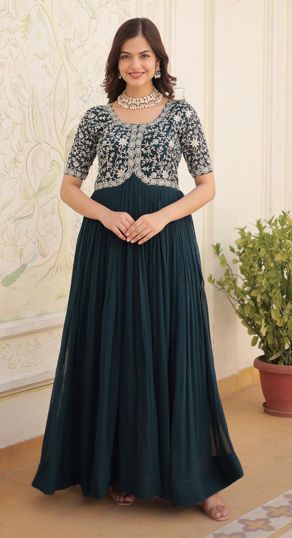Fashion Basket Georgette Embroidered Anarkali Gown For Women Turquoise