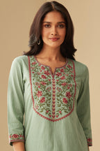 ANNI DESIGNER Ladies Cotton Blend Striped Kurta Trousers with Dupatta Set, green, XL