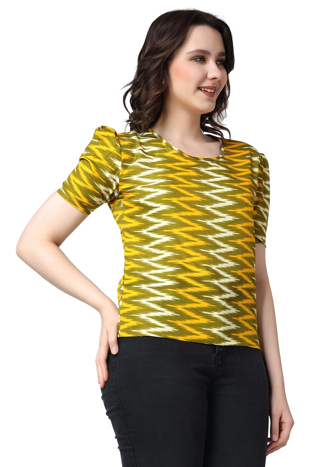 POPWINGS Casual Printed Puff Sleeves Round Neck Top for Women || Stylish Latest Summer Tops for Women || Hip-Length Women Top