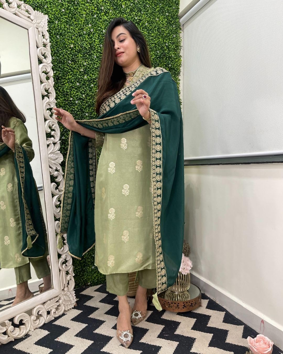 ANNI DESIGNER Women s Rayon Kurta with Pants and Dupatta, Pista, 36