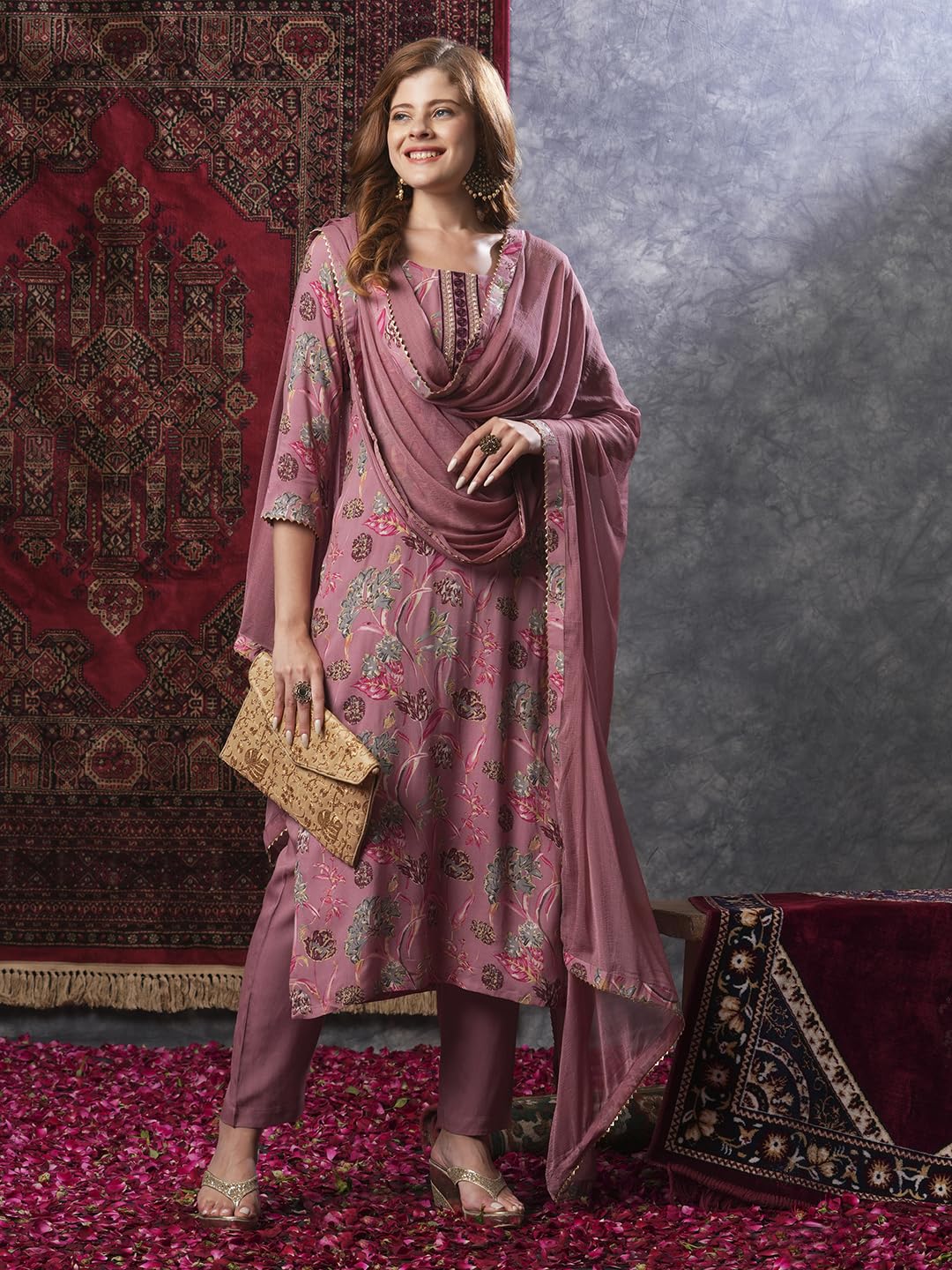 ANNI DESIGNER Women s Kurta with Trousers and Dupatta, peach, L