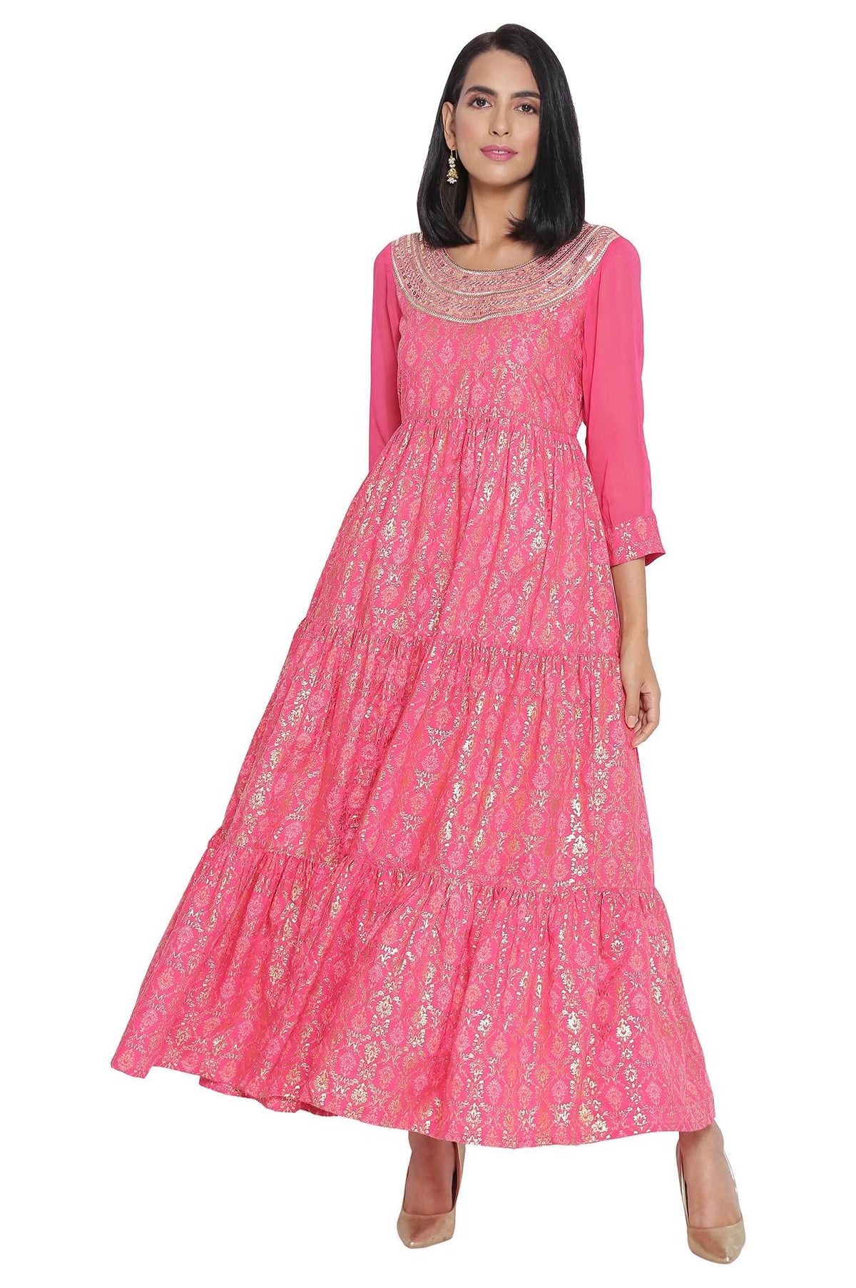 Aurelia Womens Polyester Pink Panelled Flared Dress Ankle Length (21AUA12450-503849 XS)