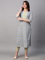 Gosriki Women'S Cotton Blend Traditional Straight Printed Kurta With Pant Set (Mikaa Grey-Fbf001-Gs)