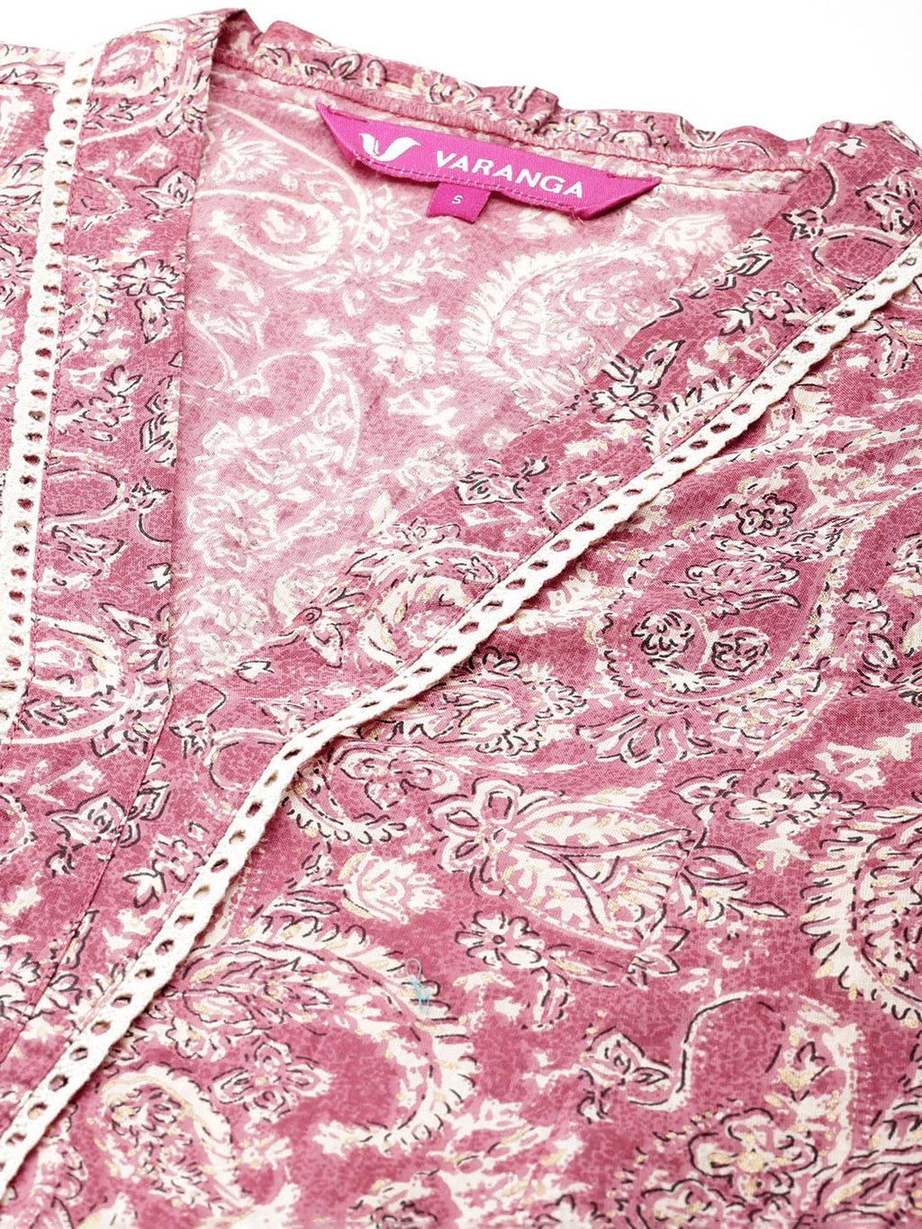 Varanga Women?? Peach Paisley Printed A-Line Kurta With Lace Embellishment, V-Neck, 3/4 Sleeves, Casual & Festive Ethnic Wear For All Occasions