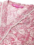 Varanga Women?? Peach Paisley Printed A-Line Kurta With Lace Embellishment, V-Neck, 3/4 Sleeves, Casual & Festive Ethnic Wear For All Occasions