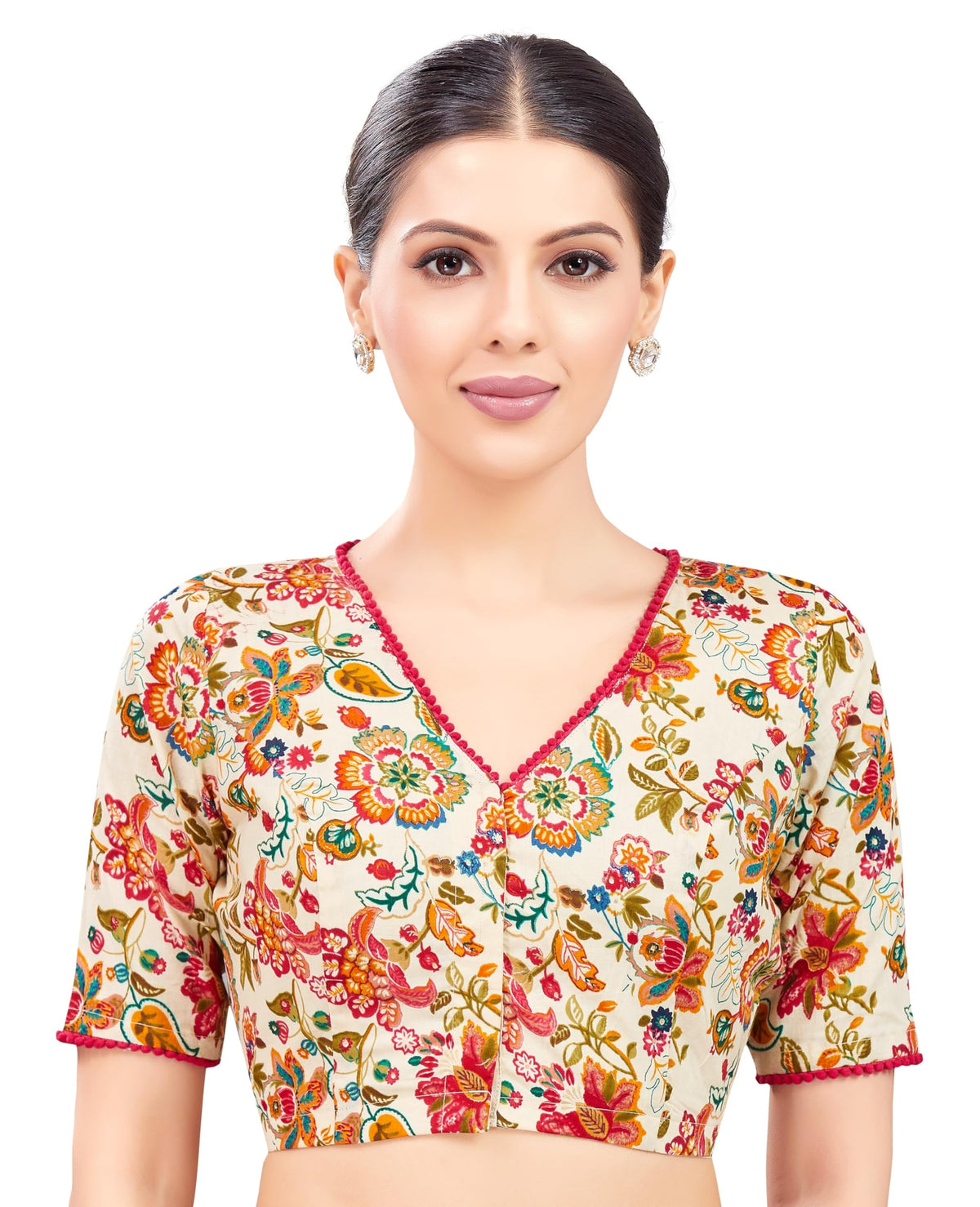 Studio Shringaar WomenS Multicoloured Floral Printed Cotton Saree Blouse (Beige, 36) 36