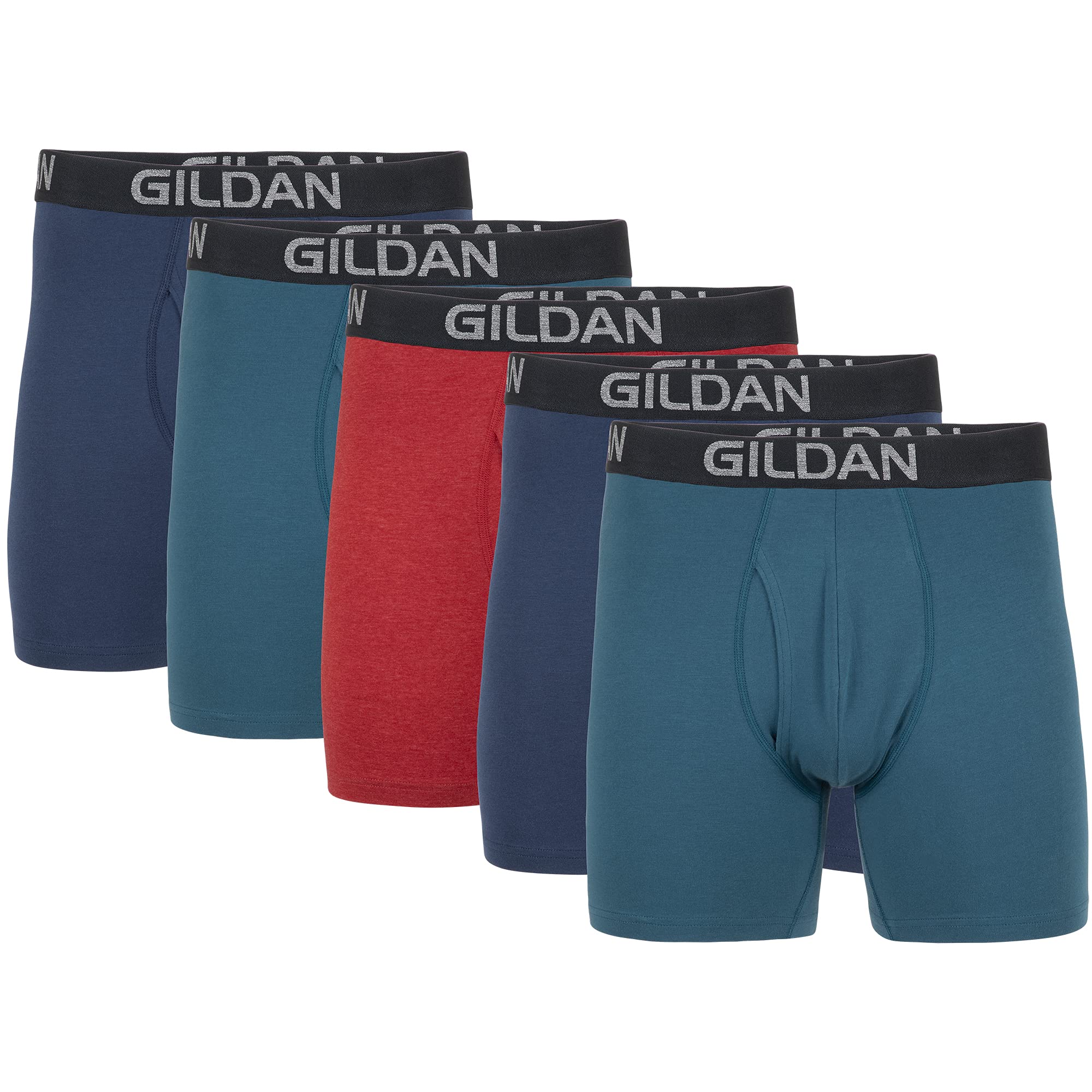 Gildan Men's Underwear Cotton Stretch Boxer Briefs, Multipack, Blue Cove/Hawaiian Blue/Heather Red Mark (5-Pack), 2X-Large