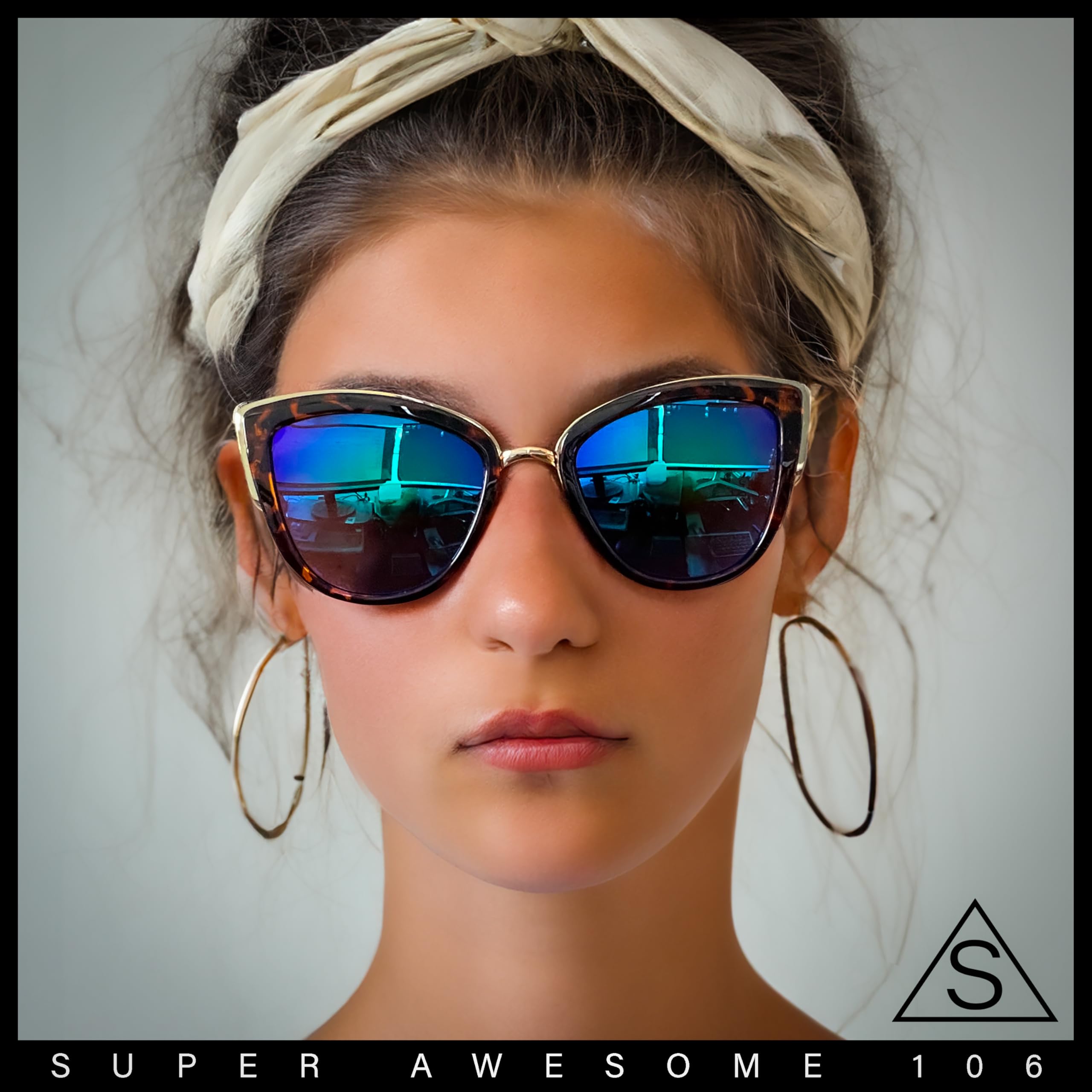 SA106 Womens Color Mirror Mirrored Lens Oversize Cat Eye Sunglasses Matte Black Silver Mirror