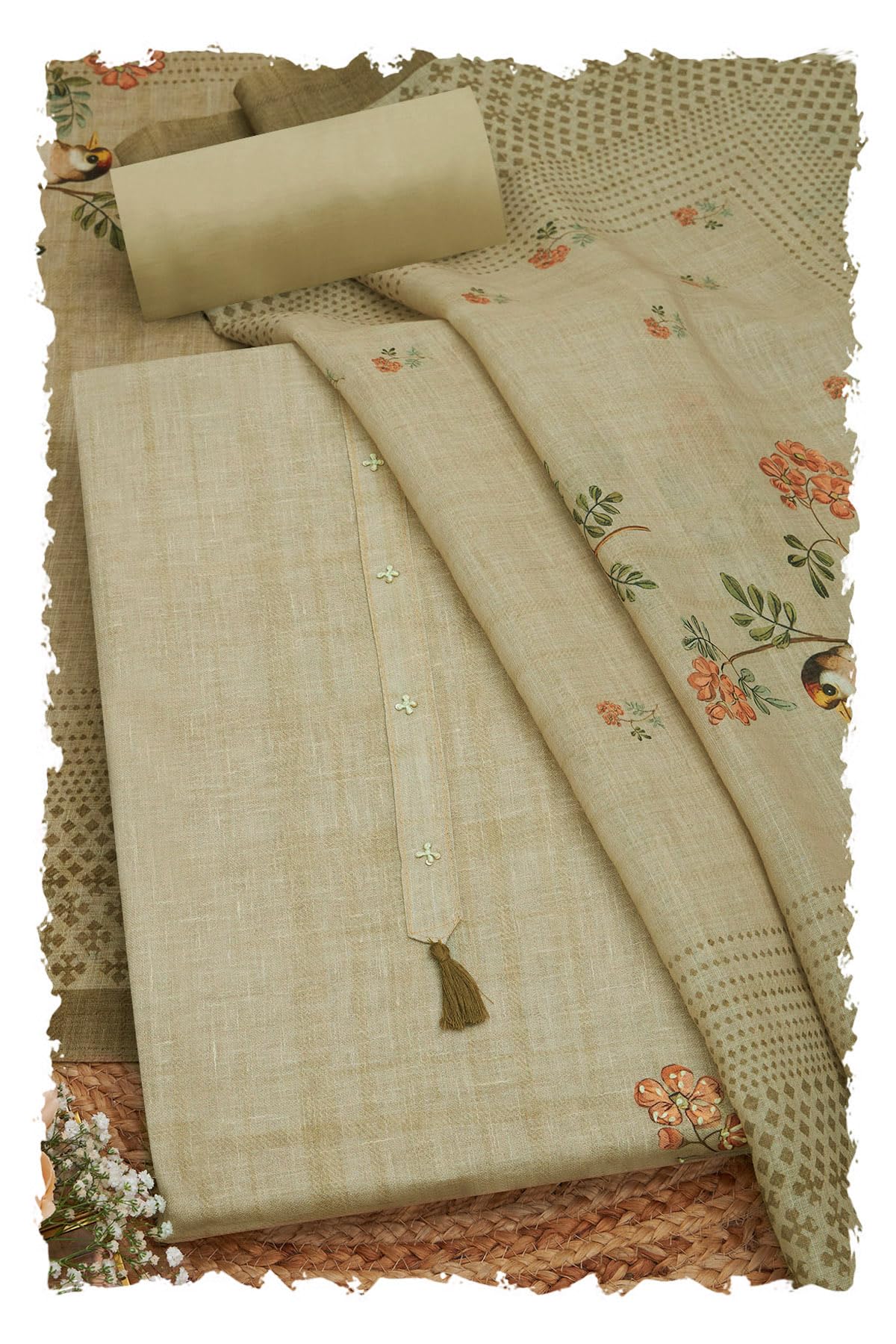 Soch Women Linen Botanical Print Unstitched Dress Material