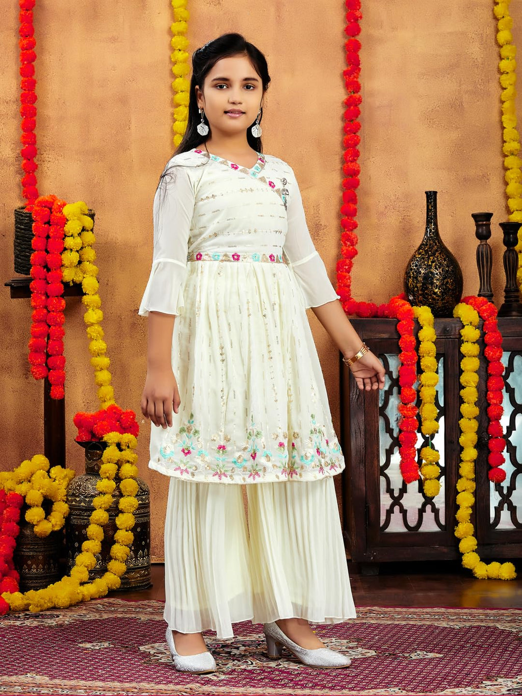 Aarika Girls Ethnic Wear Cream Colour Sequins Thread Embroidery Georgette Kurti Sharara Set