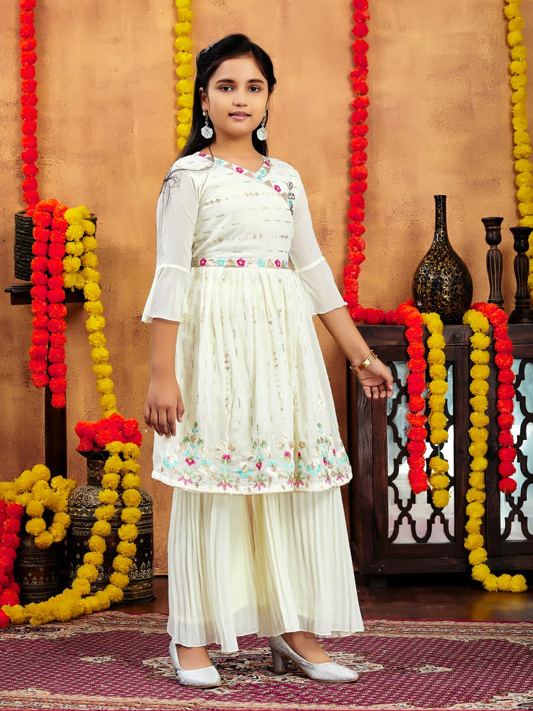 Aarika Girls Ethnic Wear Cream Colour Sequins Thread Embroidery Georgette Kurti Sharara Set