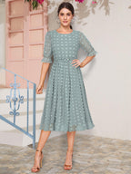 Toochki WomenS Sea Green Dobby Georgette Woven Fit & Flared Western Dress | Dress For Women | A Line Dress | Winter Dress | Wes