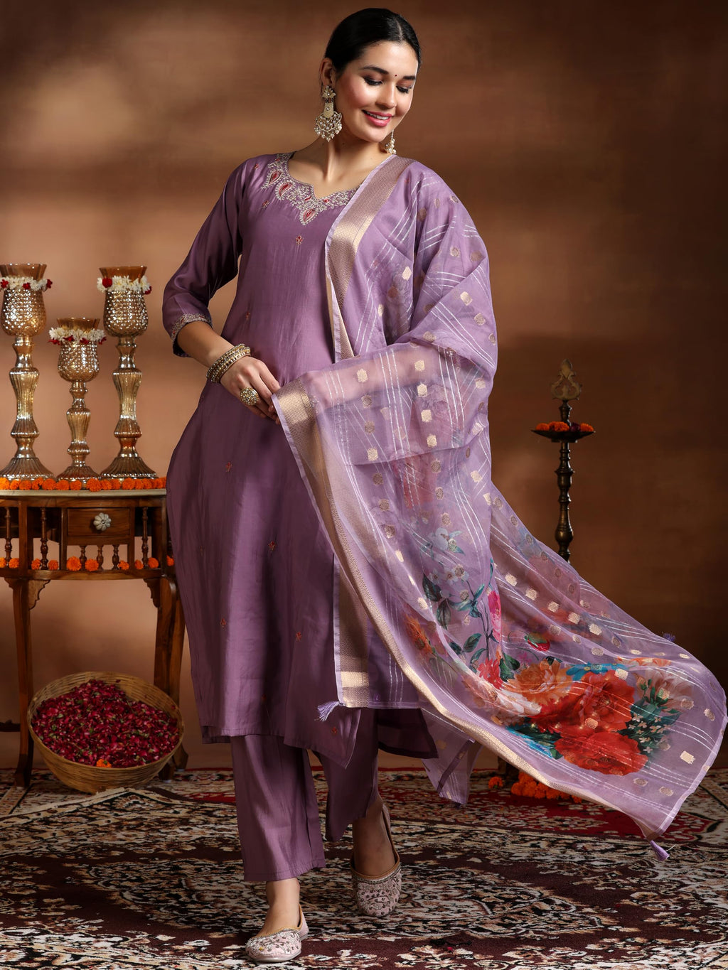 Libas Womens Embroidered Silk Blend Straight Kurta With Palazzos And Dupatta