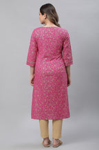 Aurelia Pink Foil Pattern Cotton Straight Long Kurta