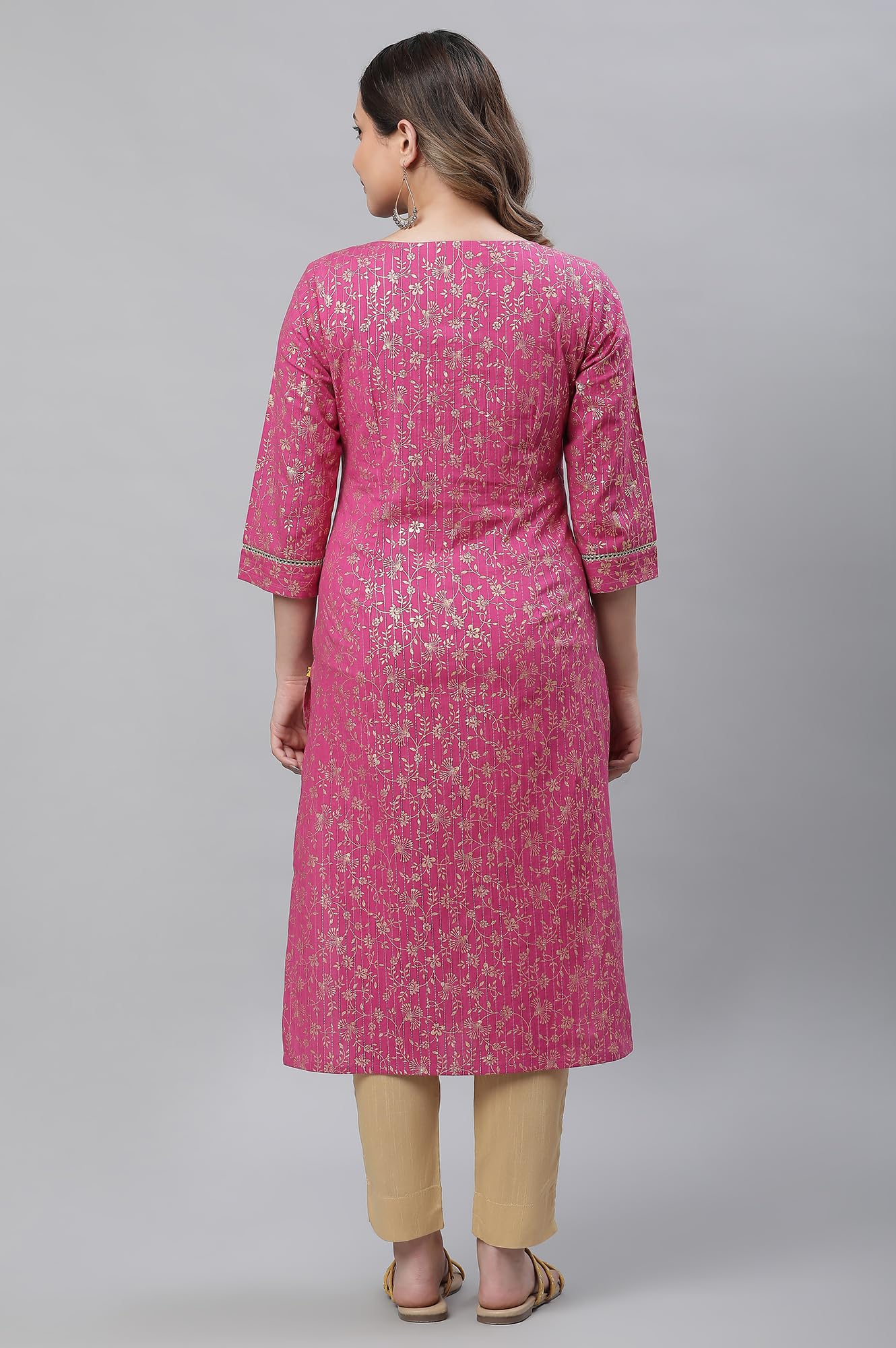 Aurelia Pink Foil Pattern Cotton Straight Long Kurta