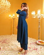 ANNI DESIGNER Womens Rayon Blend Anarkali Solid Kurta with Palazzo (Moroko Kerosin_XL_Blue_X-Large)