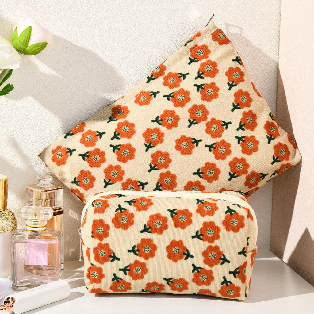 SOIDRAM 2 Pieces Flower Makeup Bag Large Corduroy Cosmetic Bag Capacity Canvas Mix Travel Toiletry Bag Organizer Cute Makeup Bru