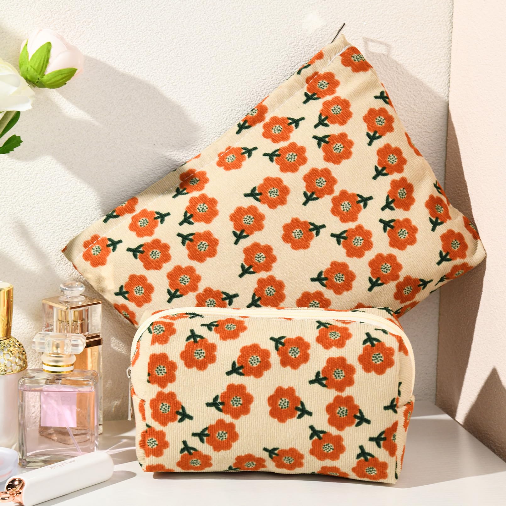 SOIDRAM 2 Pieces Flower Makeup Bag Large Corduroy Cosmetic Bag Capacity Canvas Mix Travel Toiletry Bag Organizer Cute Makeup Bru